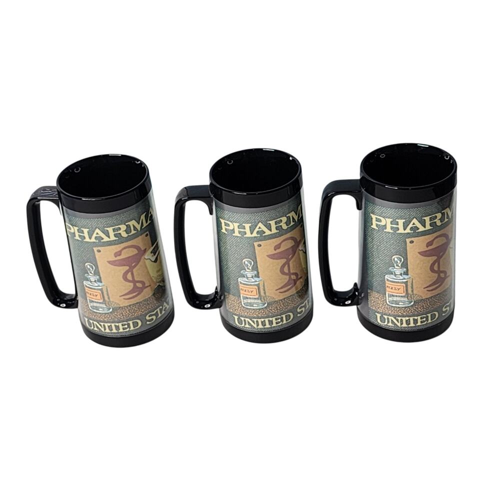 Vintage Thermo Serv Pharmacy 8 Cent Postage Stamp Set Of 3 Tall Mugs